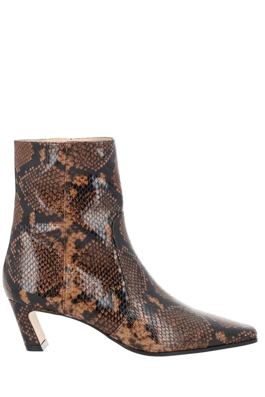 Stuart Weitzman women’s Stassi zipper ankle boot in brown snakeskin pattern with pointed toe and metallic heel