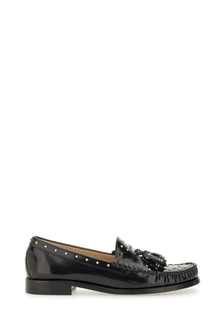 Stuart Weitzman women’s moccasin Lottie black patent leather loafer with tassel and silver studs on the toe