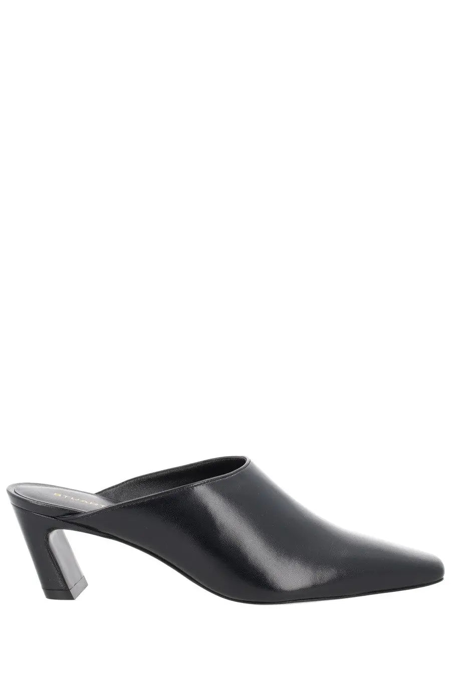 Stuart Weitzman women’s black leather mule stassi con tacco with sleek pointed toe and block heel