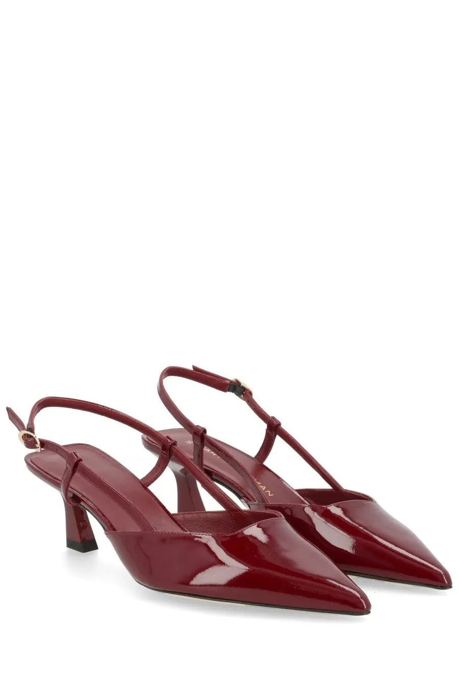 Stuart Weitzman women’s slingback vinnie red burgundy patent leather pumps with pointed toe and low block heel