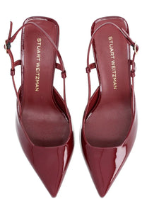 Stuart Weitzman women’s slingback vinnie red burgundy patent leather heels with pointed toe and adjustable ankle strap