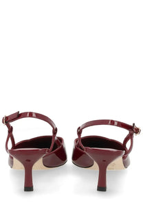 Stuart Weitzman women’s slingback vinnie red burgundy patent leather heels with a sleek glossy finish and low heel