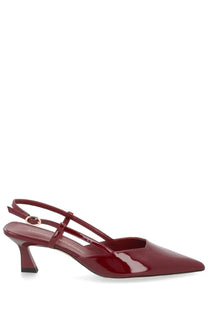 Stuart Weitzman women’s slingback vinnie pump in burgundy patent leather with slender heel and gold-tone buckle