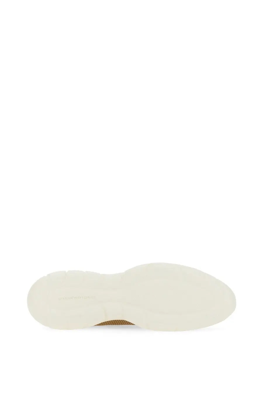 Cream-colored rubber sole with textured raised profile and subtle branding near the heel of stuart weitzman beige sneaker