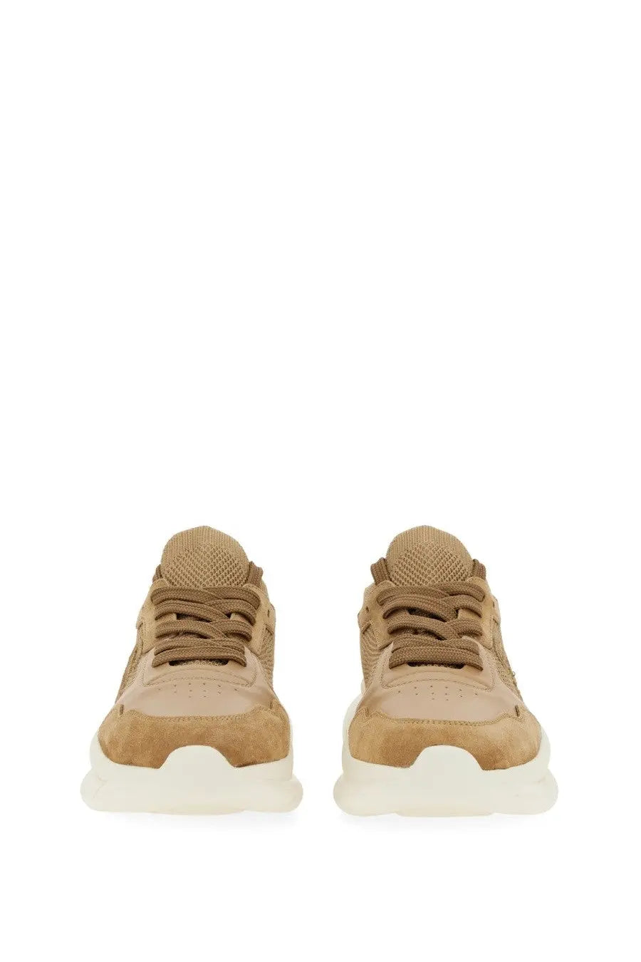 Stuart Weitzman women’s sneaker beige in tan suede and mesh with chunky white rubber sole