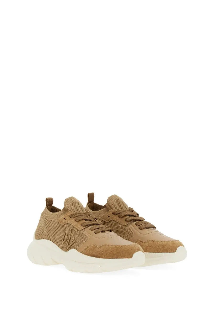 Stuart Weitzman women’s sneaker beige in tan suede and mesh with a chunky white sole