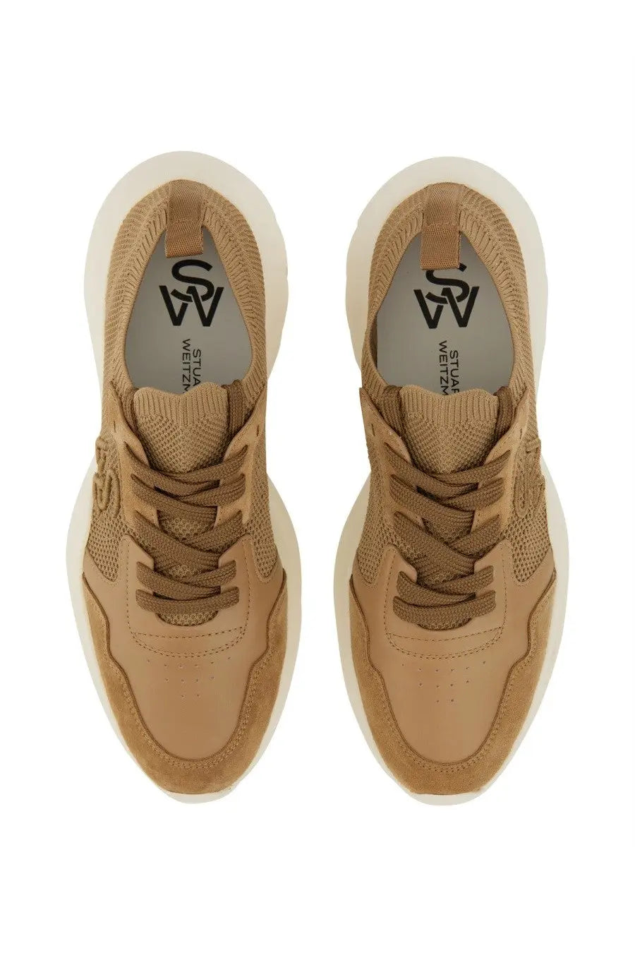 Stuart Weitzman women’s sneaker beige in tan suede and mesh with white rubber sole and stua wetz logo on insole