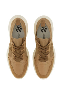 Stuart Weitzman women’s sneaker beige in tan suede and mesh with white rubber sole and stua wetz logo on insole