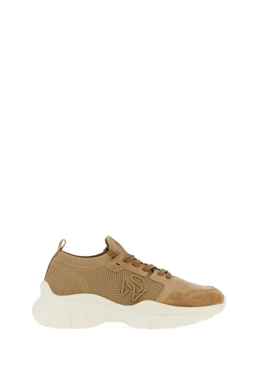 Stuart Weitzman women’s sneaker in beige tan suede and mesh with a white chunky sole for casual wear
