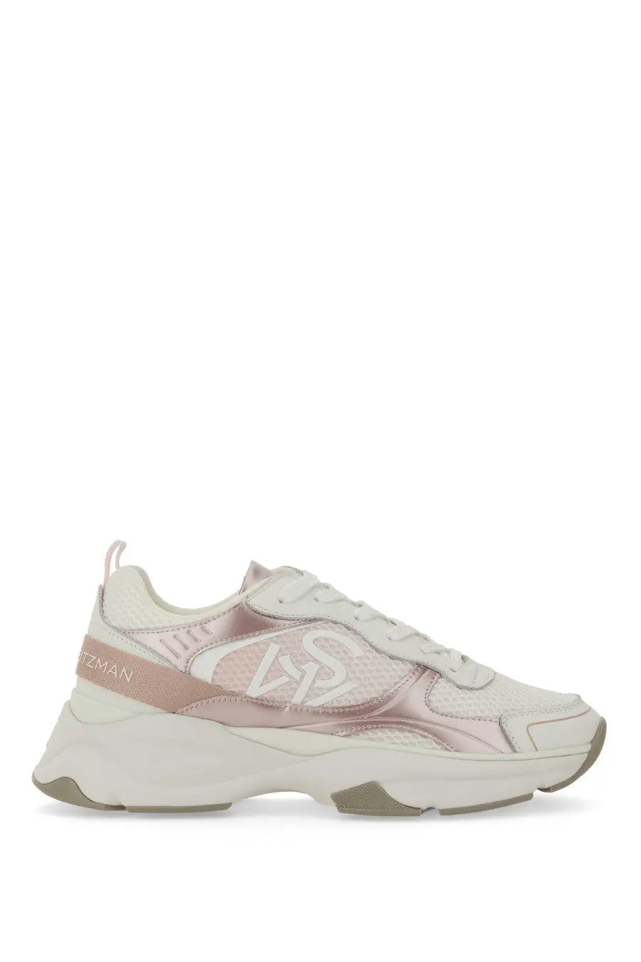 Stuart Weitzman women’s sneaker trainer in white and rose gold with mesh upper and bold logo detailing