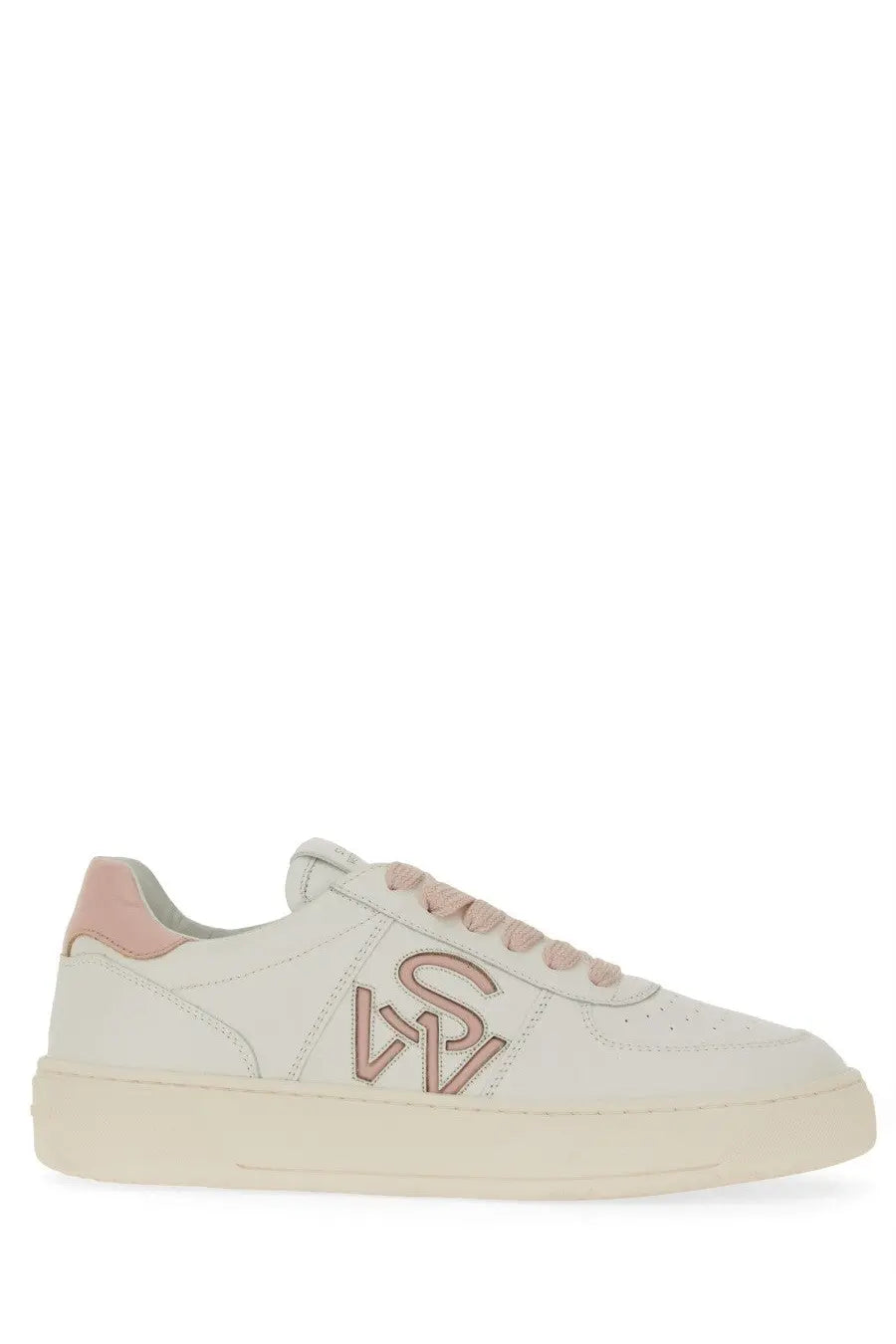 Stuart Weitzman women’s cream leather sneaker with pink laces and matching pink logo on the side