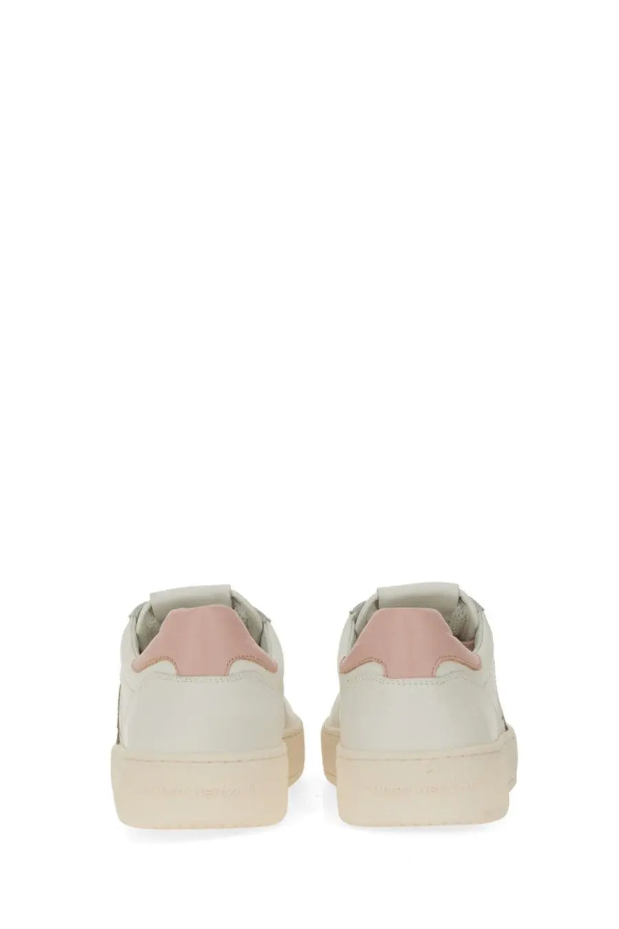 Stuart Weitzman women’s sneaker white cream-colored with soft pink heel tab and matching rubber sole back view