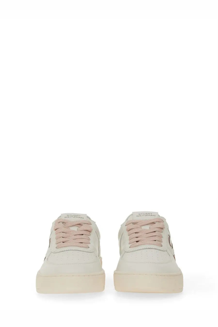 Stuart weitzman women’s sneaker white cream suede low top with blush pink laces and minimalist design