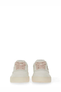 Stuart weitzman women’s sneaker white cream suede low top with blush pink laces and minimalist design