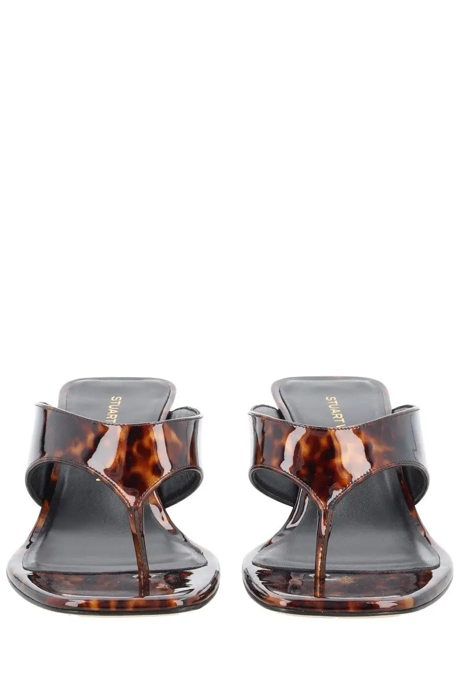 Stuart Weitzman women’s Zeppa Winnie tortoiseshell patent leather thong sandals with a sleek glossy finish and black insole