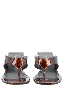 Stuart Weitzman women’s Zeppa Winnie tortoiseshell patent leather thong sandals with a sleek glossy finish and black insole