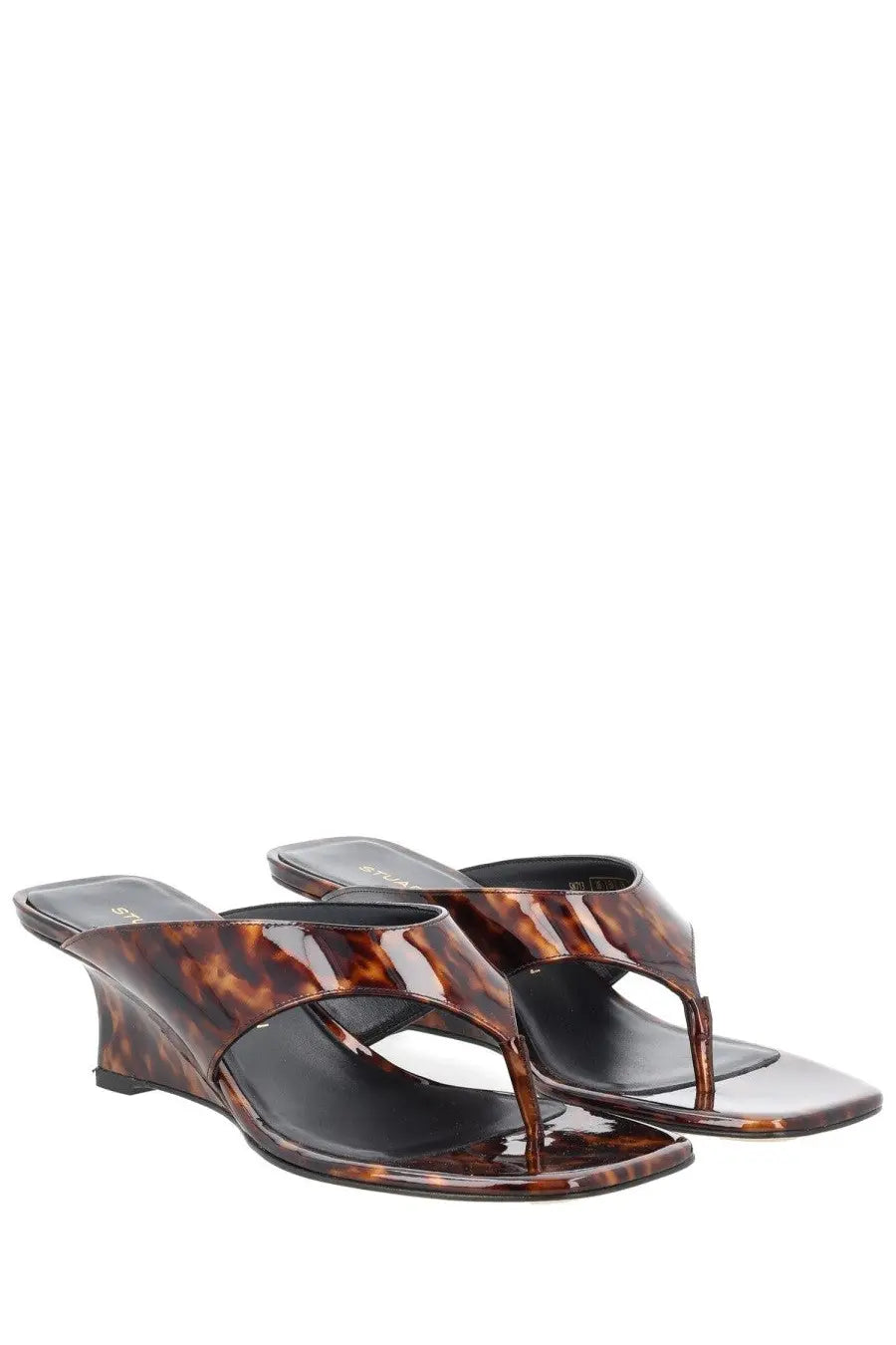 Stuart Weitzman women’s Zeppa Winnie wedge sandals with tortoiseshell pattern glossy finish and black insole