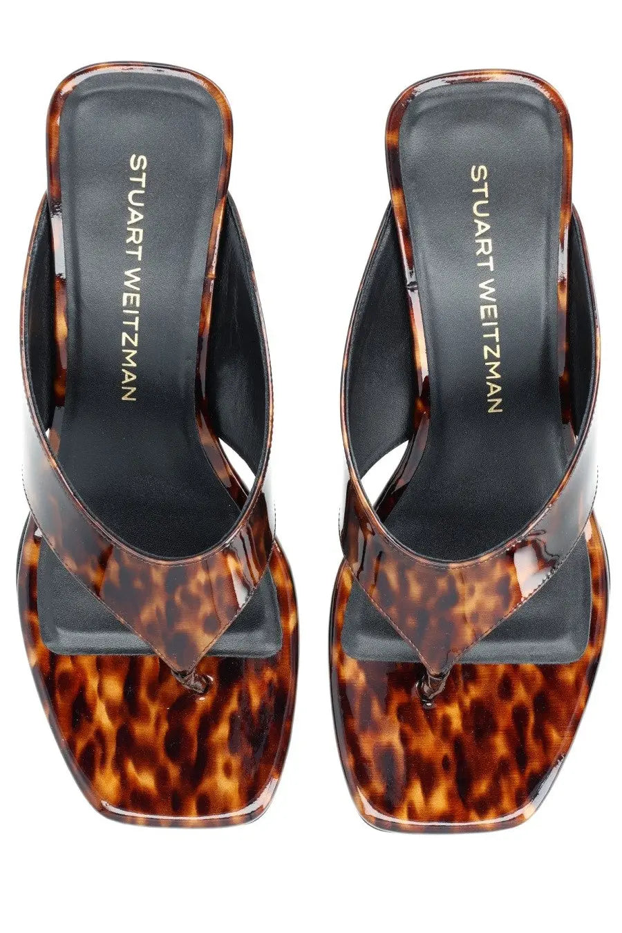 Stuart Weitzman women’s Zeppa Winnie pattern tortoiseshell mules with glossy finish and square toe