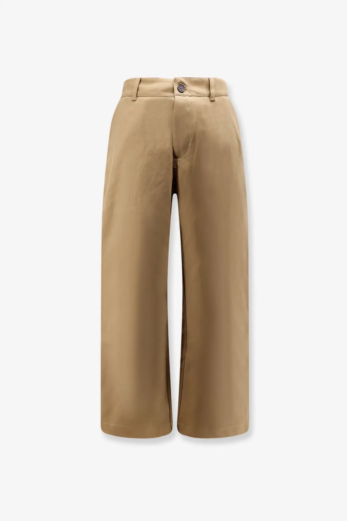 Beige wide-leg Studio Nicholson men’s chino cotton trousers with a clean tailored fit and single button closure at the waist