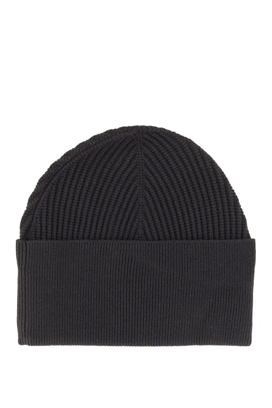 Studio nicholson men’s mikkel hat blue is a black ribbed knit beanie with a folded cuff made from soft material