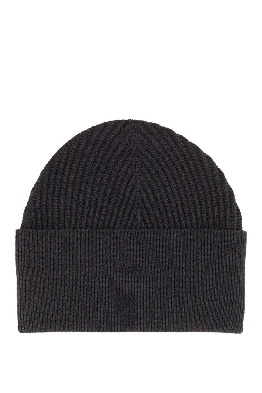 Studio nicholson men’s mikkel hat blue black ribbed knit beanie with folded cuff shown from the back side
