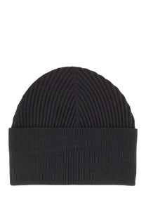 Studio nicholson men’s mikkel hat blue black ribbed knit beanie with folded cuff shown from the back side