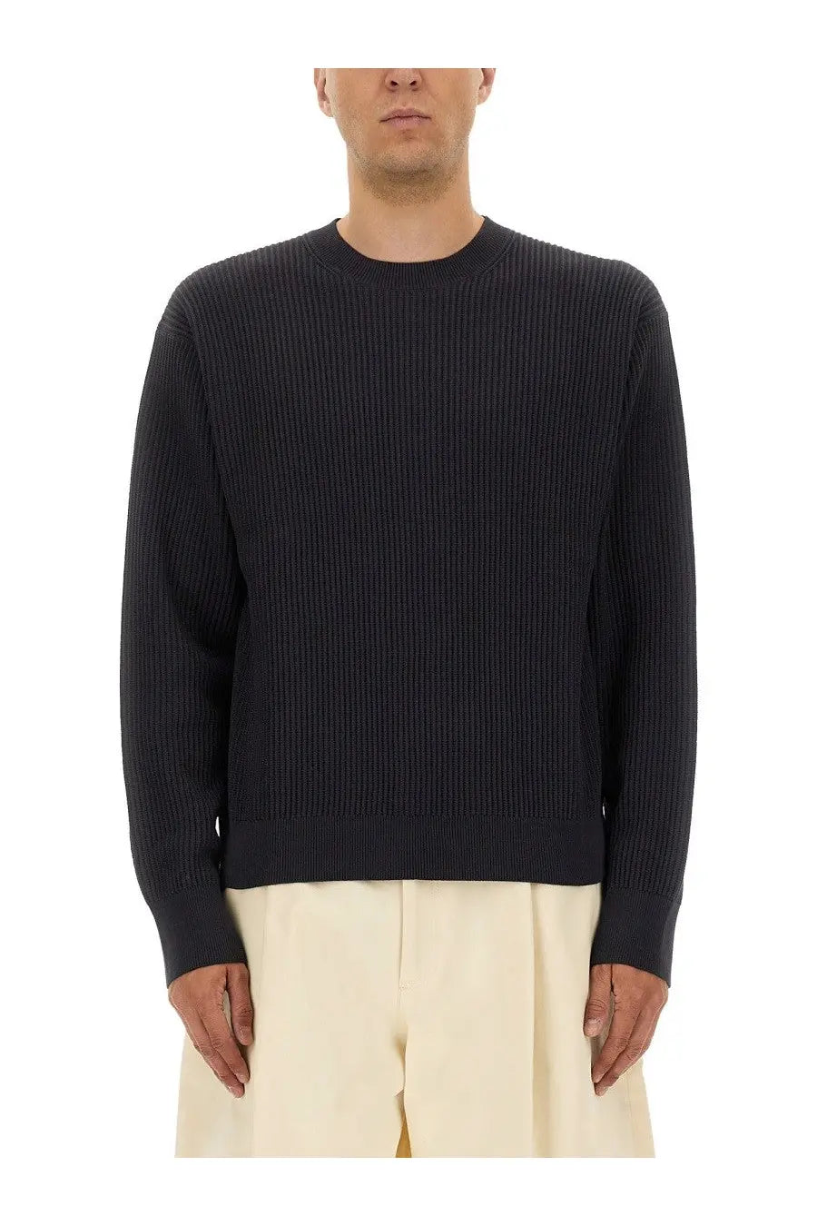 Studio nicholson men’s shirt blue featuring a black ribbed knit sweater with a classic crew neck and long sleeves