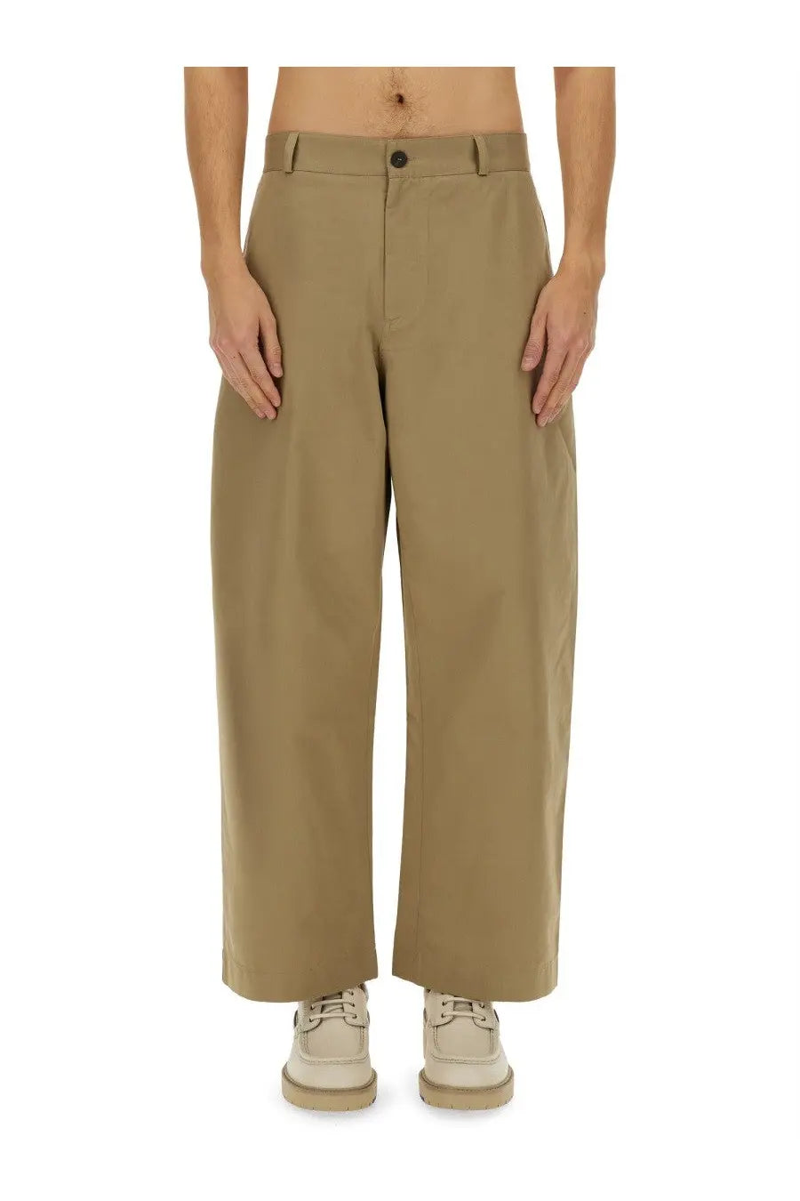 Studio Nicholson men’s slim curved pants beige khaki straight-leg trousers with button closure and minimalist design