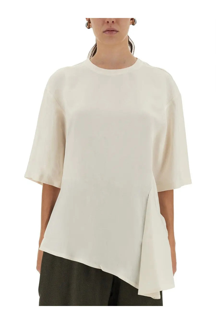 Studio Nicholson women’s asymmetrical vichy shirt white off-white silk blouse with relaxed fit short flutter sleeves