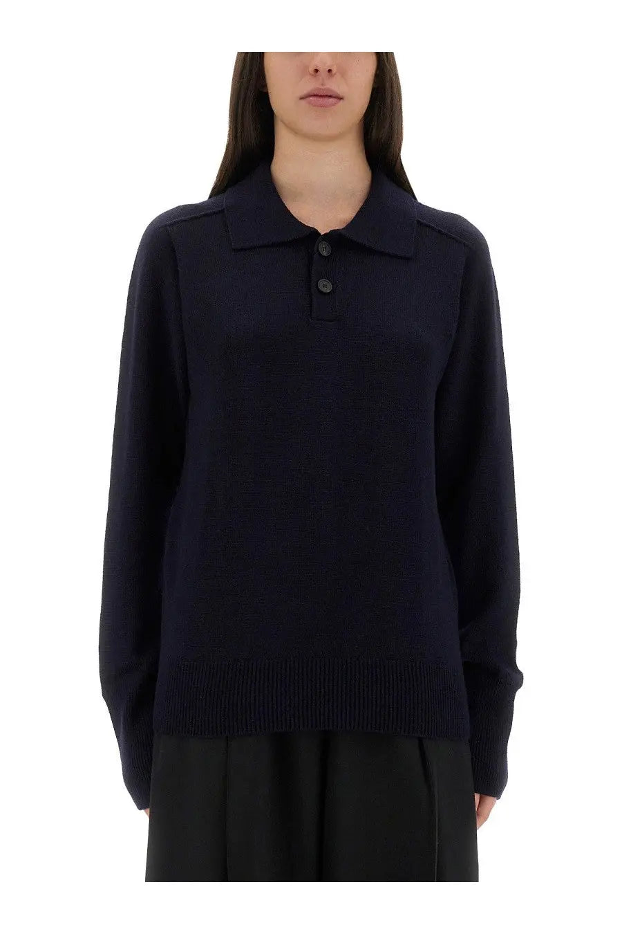 Studio Nicholson women’s Inverness shirt blue navy blue knit polo sweater with ribbed cuffs and hem front view