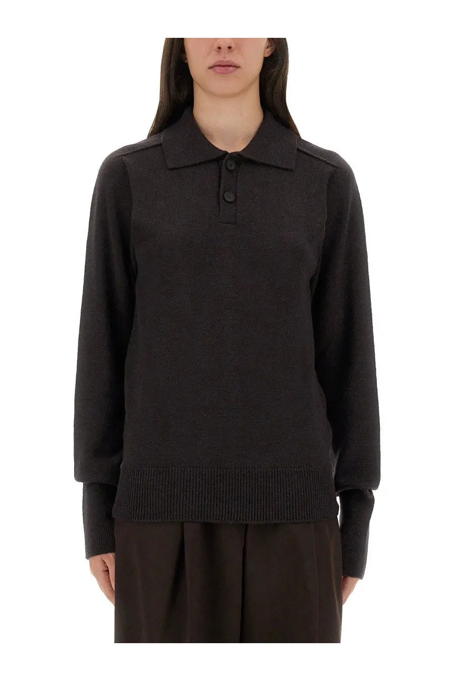 Black knit polo sweater with ribbed cuffs hem classic collar and two-button placket by Studio Nicholson