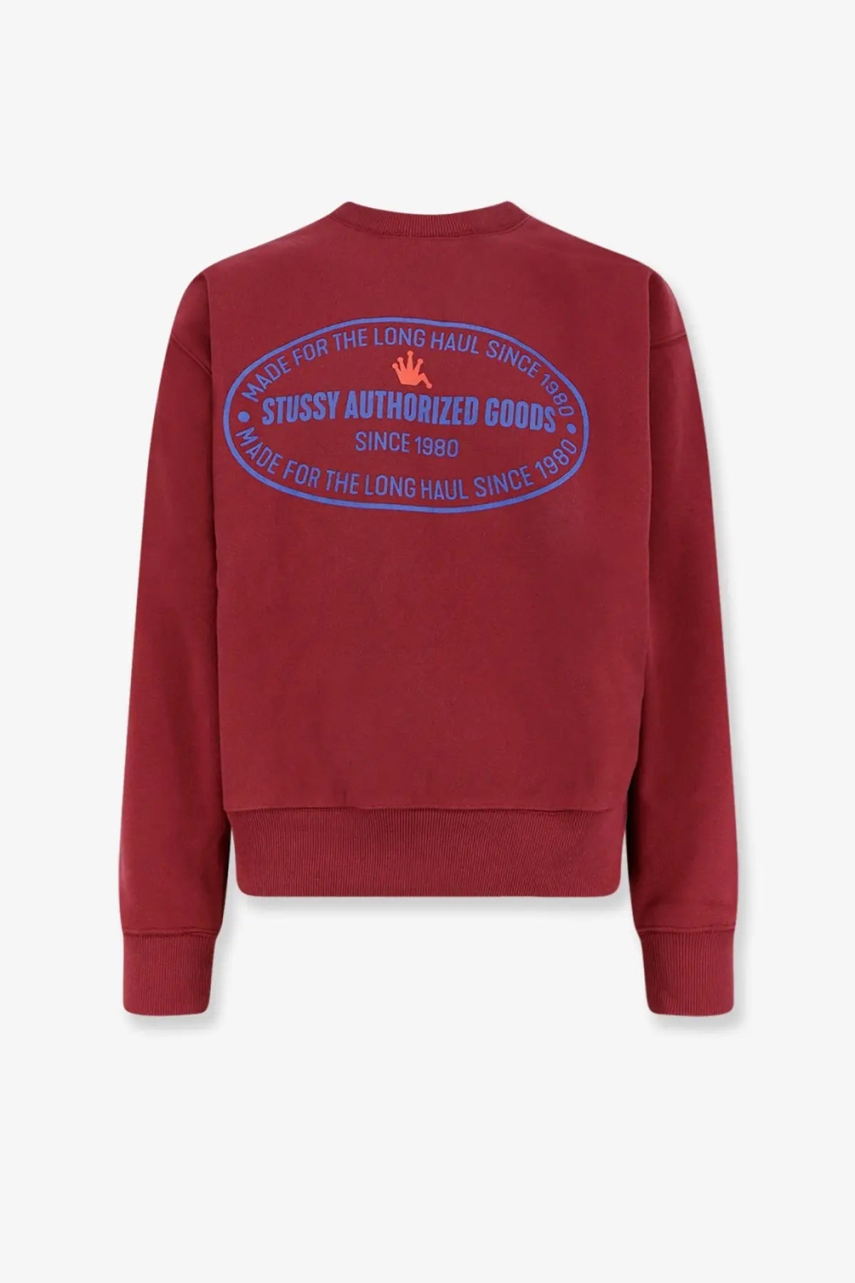 Red stussy men’s authorized crew cotton blend sweatshirt in red showing the back with blue and orange embroidered logo
