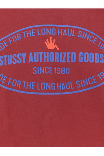 Stussy men’s authorized crew cotton blend sweatshirt red with blue oval graphic and orange crown logo on front