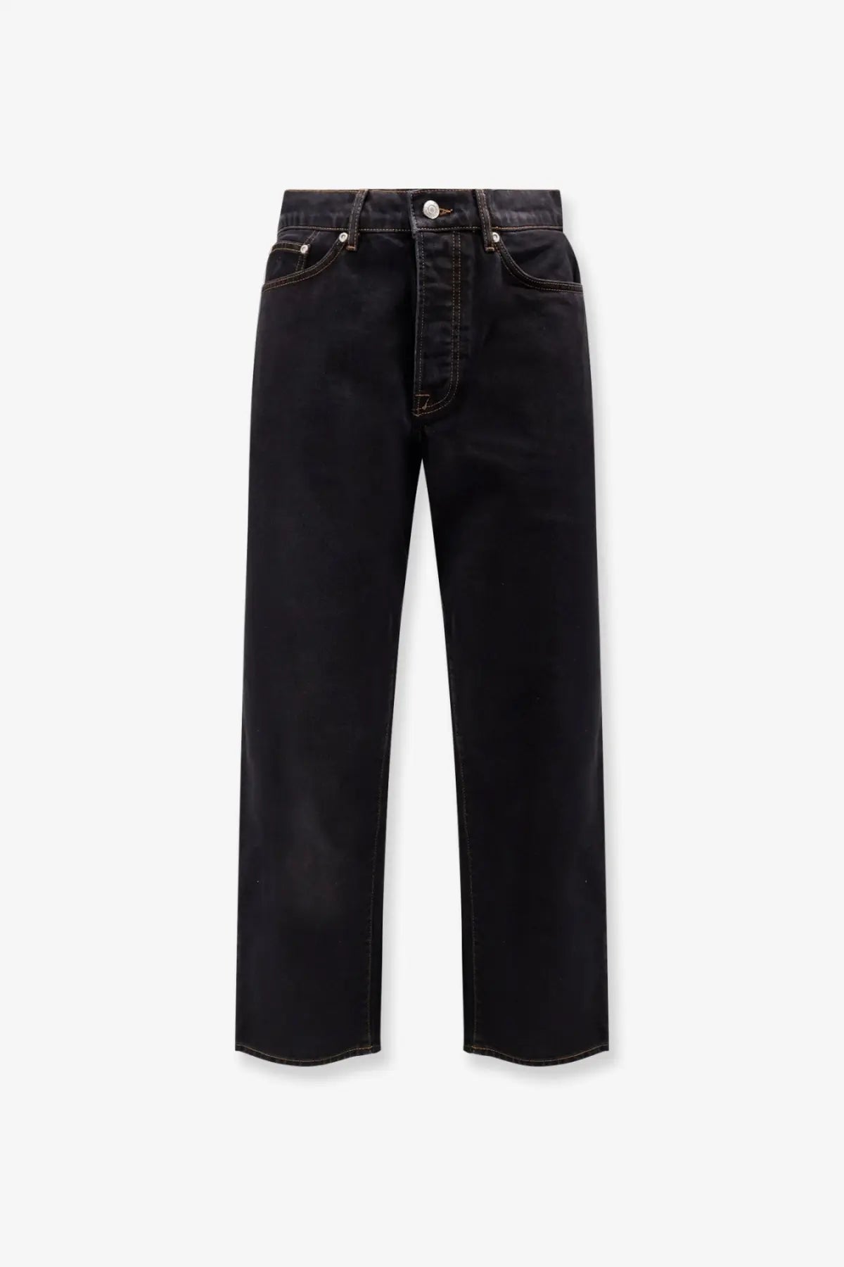 Stussy men’s classic black high rise straight leg denim jeans with contrasting white stitching and five pockets