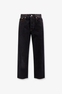 Stussy men’s classic black high rise straight leg denim jeans with contrasting white stitching and five pockets