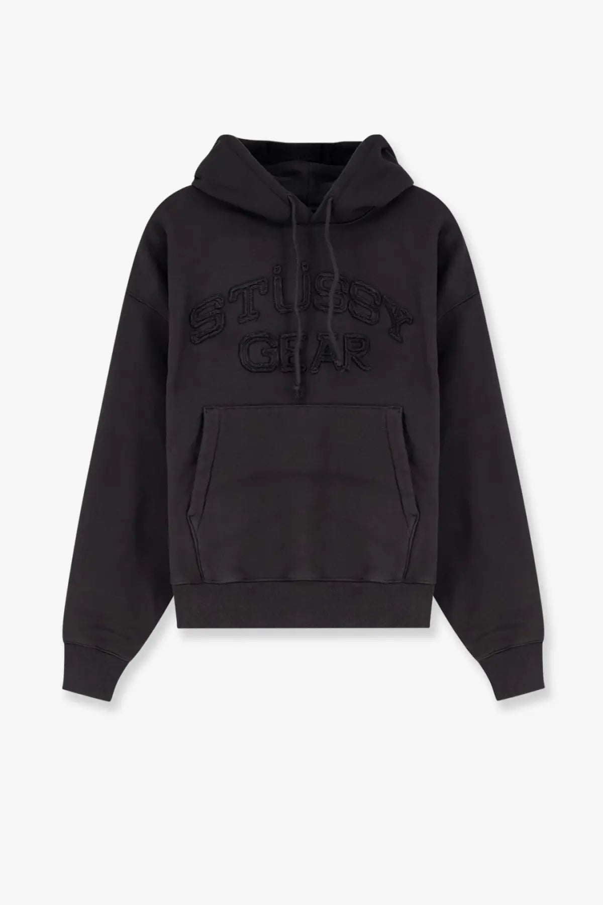 Black stussy men’s cotton blend hoodie with embossed logo and front pocket for casual wear