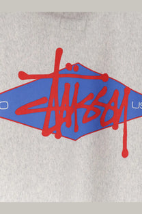 Stussy men’s grey cotton blend sweatshirt with bold red and blue diamond logo and graffiti style lettering