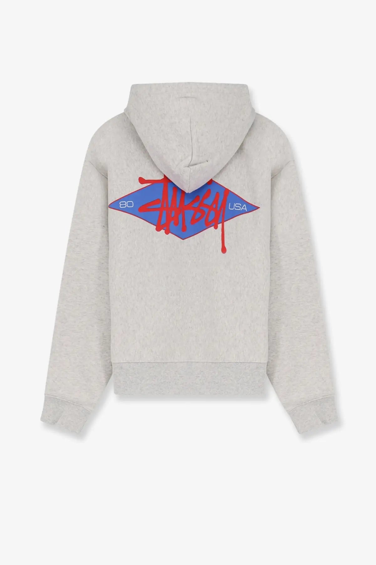 Back of a heather gray stussy men’s cotton blend sweatshirt featuring a bold red and blue diamond logo