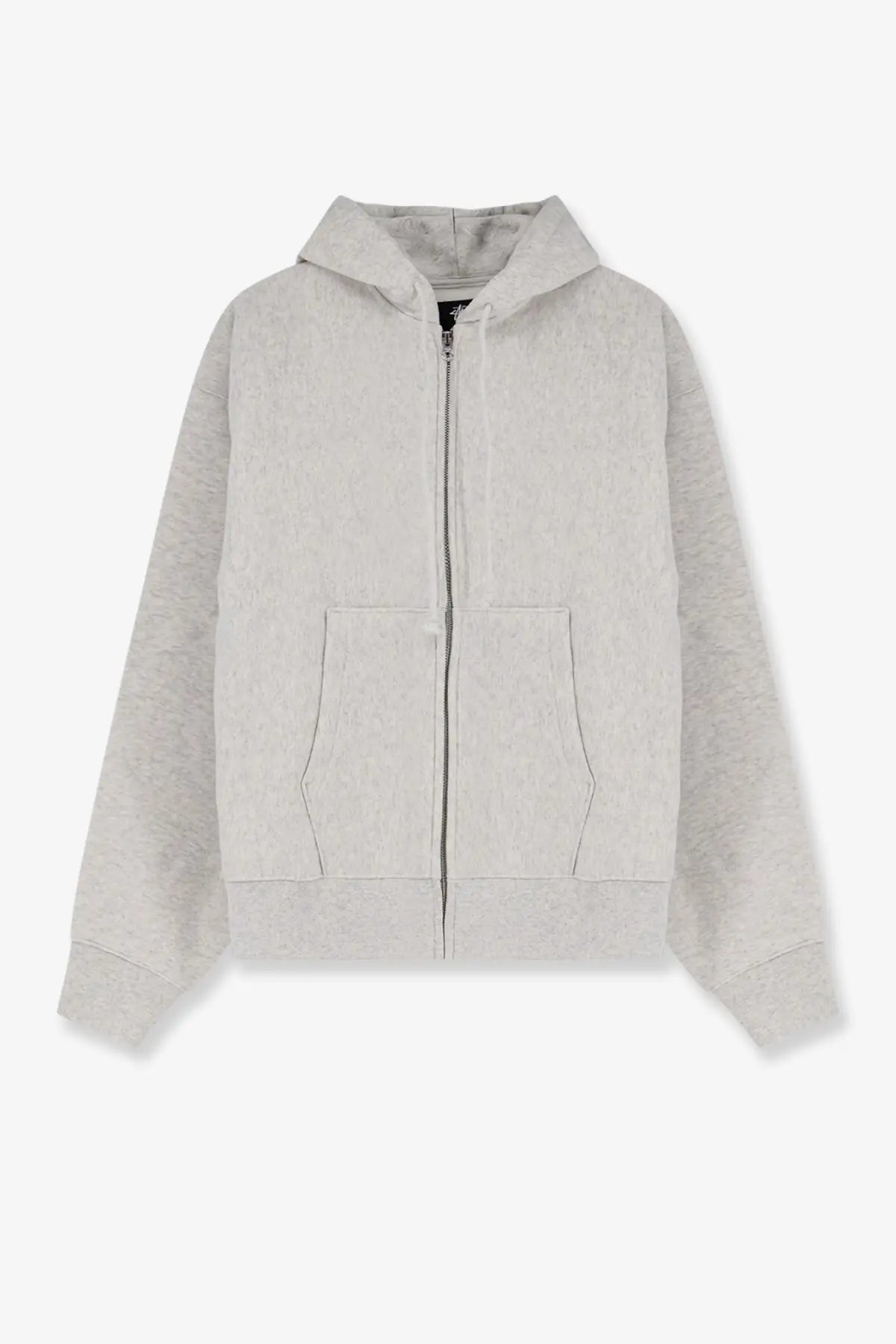 Stussy men’s cotton blend sweatshirt grey light gray heathered zip-up hoodie with textured pattern and front pockets