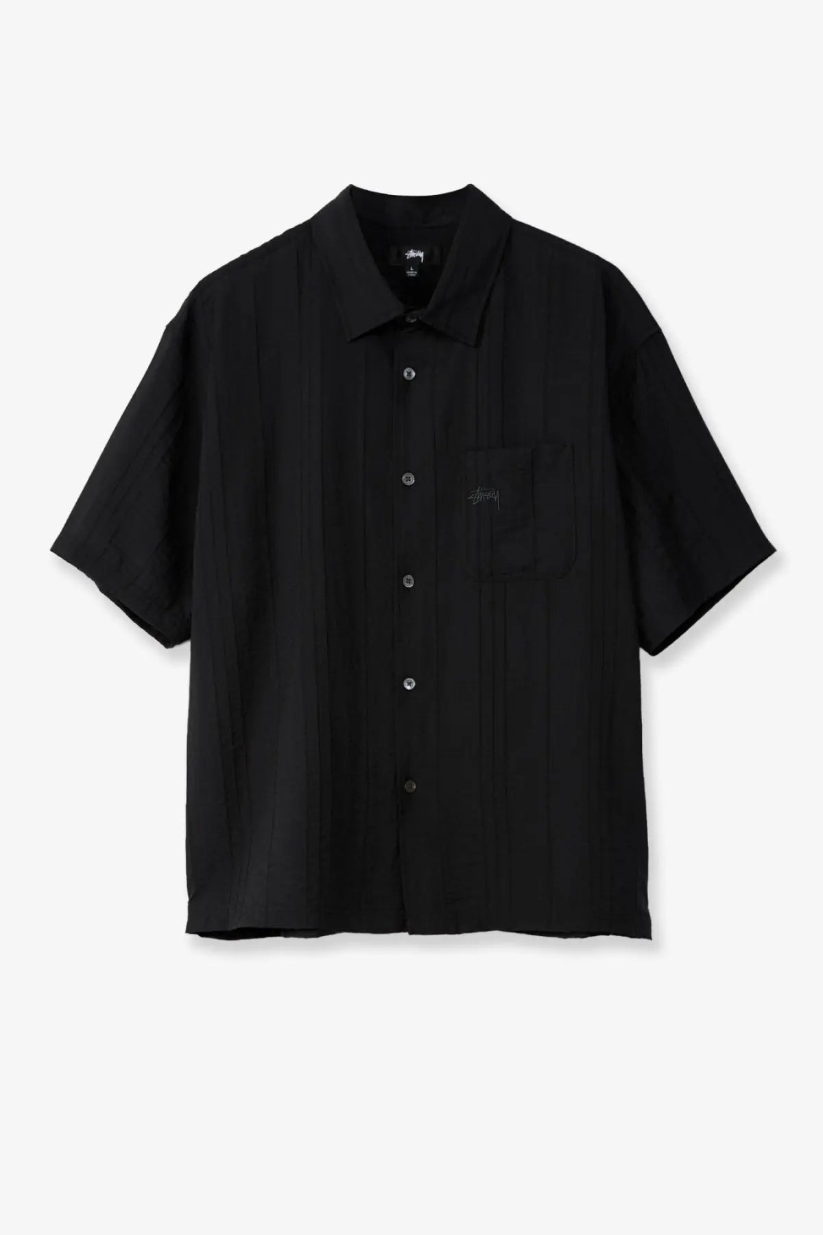 Stussy men’s black short-sleeved button-up shirt with subtle vertical ribbing made from lyocell and nylon blend