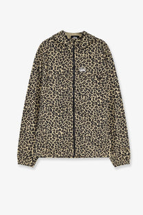 Stussy men’s nylon jacket cheetah with beige and black leopard print hooded design front zipper chest pockets and ribbed cuffs