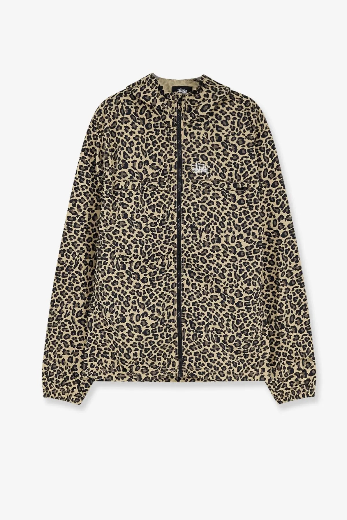 Stussy men’s nylon hooded jacket in beige and black cheetah print with front zipper chest pockets and ribbed cuffs