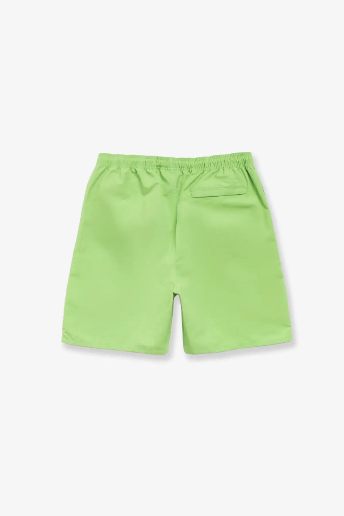 Bright lime green nylon stussy men’s swim trunks with elastic waistband and single back pocket shown from back side