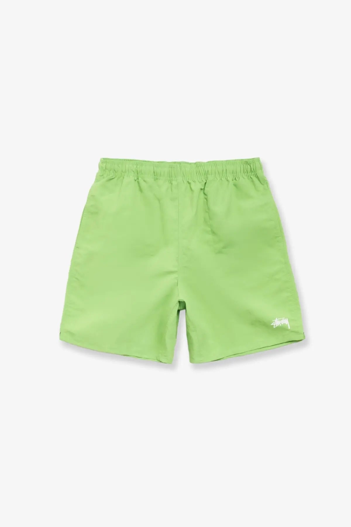 Bright lime green stussy men’s nylon swim trunks with subtle white logo on lower right leg in kiwi color