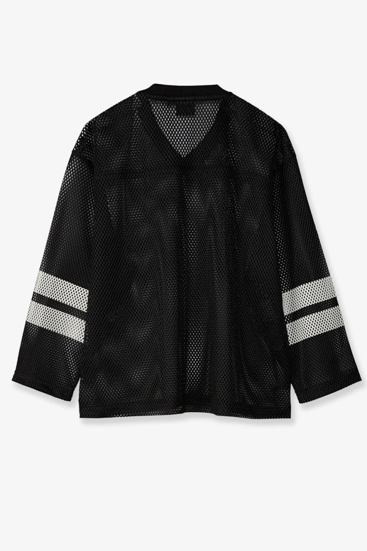 Stussy men’s perforated nylon football jersey in black with white striped mesh sleeves for sporty casual wear