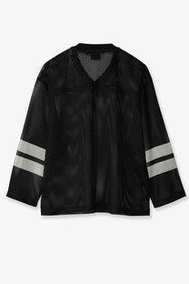 Stussy men’s perforated nylon football jersey in black with white striped mesh sleeves for breathable wear