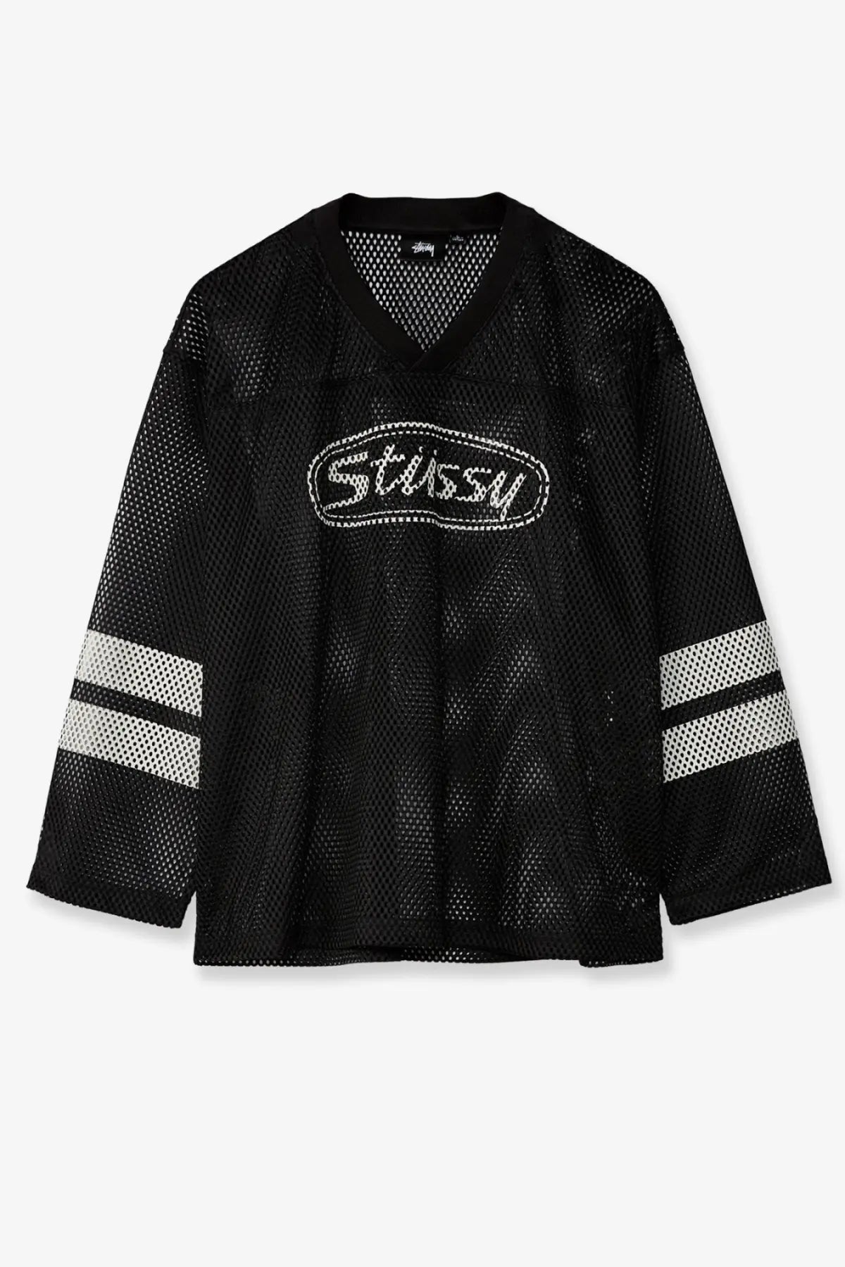 Stussy men’s perforated nylon shirt black with black mesh, white embroidered logo, and white sleeve stripes
