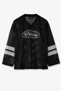 Stussy men’s perforated nylon black jersey with white embroidered logo and mesh sleeve stripes