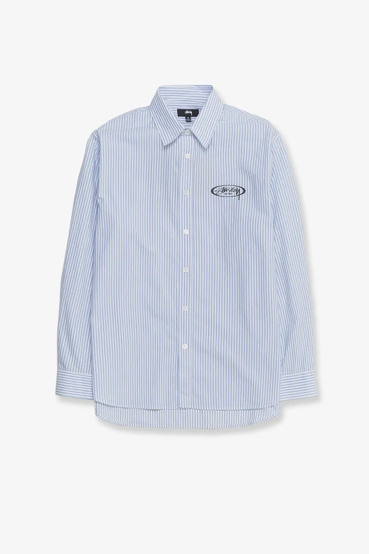 Stussy men’s standard striped cotton shirt in blue with white vertical stripes and small black logo on left chest