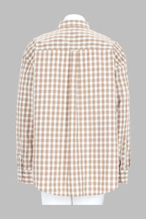 A beige and white plaid long-sleeved button-up shirt with a classic collar.